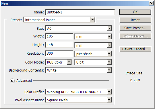 Settings for New Document