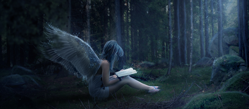 Create an Angel sitting in a Night Forest Scene