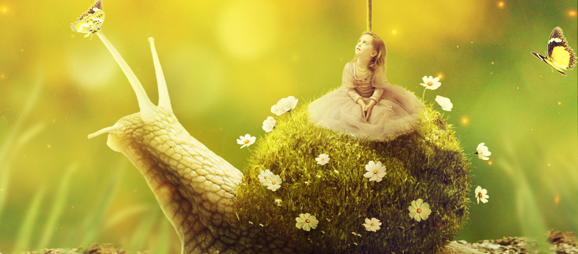 Create a Little Girl Riding a Grassy Shell Snail