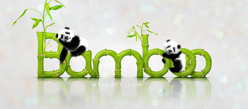 Panda Illustration and Realistic Bamboo Text Effect