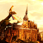 a realistic fire dragon climbing on a castle in photoshop