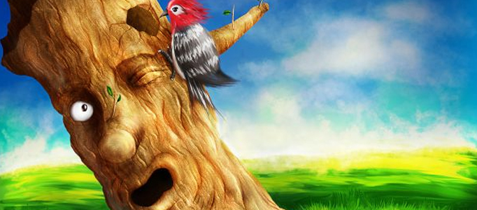 Drawing Creation - Funny Bird Pecking at a Tree