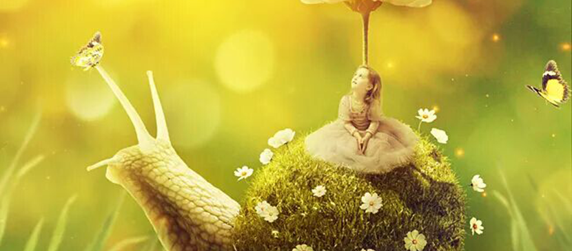 Create a Little Girl Riding a Grassy Shell Snail